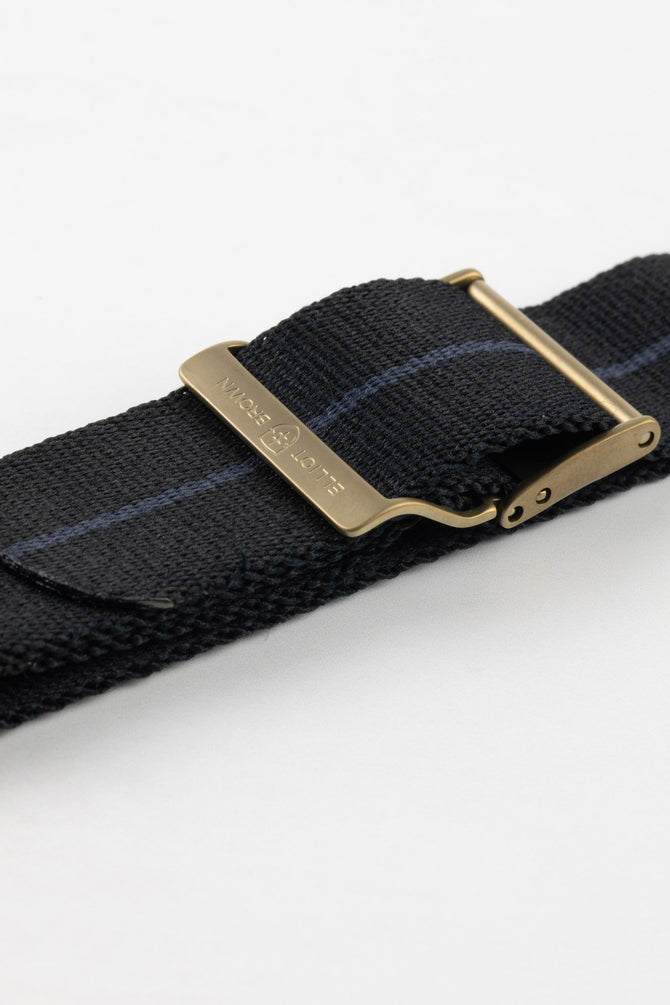 ELLIOT BROWN Webbing Watch Strap in BLACK with BLUE Stripe and BRONZE PVD Buckle