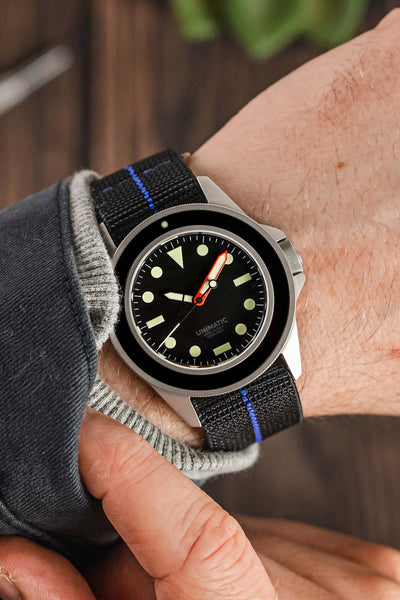 Unimatic Modello Uno U1-MLB Edition of 200 fitted with Erika's Originals Black Ops watch strap in full black with royal blue centerline worn on wrist