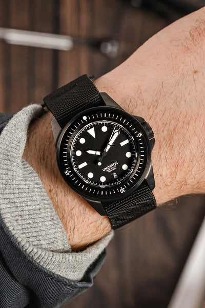  Unimatic Modello Uno U1-FDN Watch in Matte Black fitted with Erika's Originals Black Ops strap in full black on wrist
