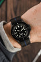 Unimatic Modello Uno U1-FDN Watch in Matte Black fitted with Erika's Originals Black Ops strap in full black with Navy centerline worn on wrist