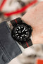 Unimatic Modello Uno U1-FDN Watch in Matte Black fitted with Erika's Originals Black Ops strap in full black with Red centerline worn on wrist