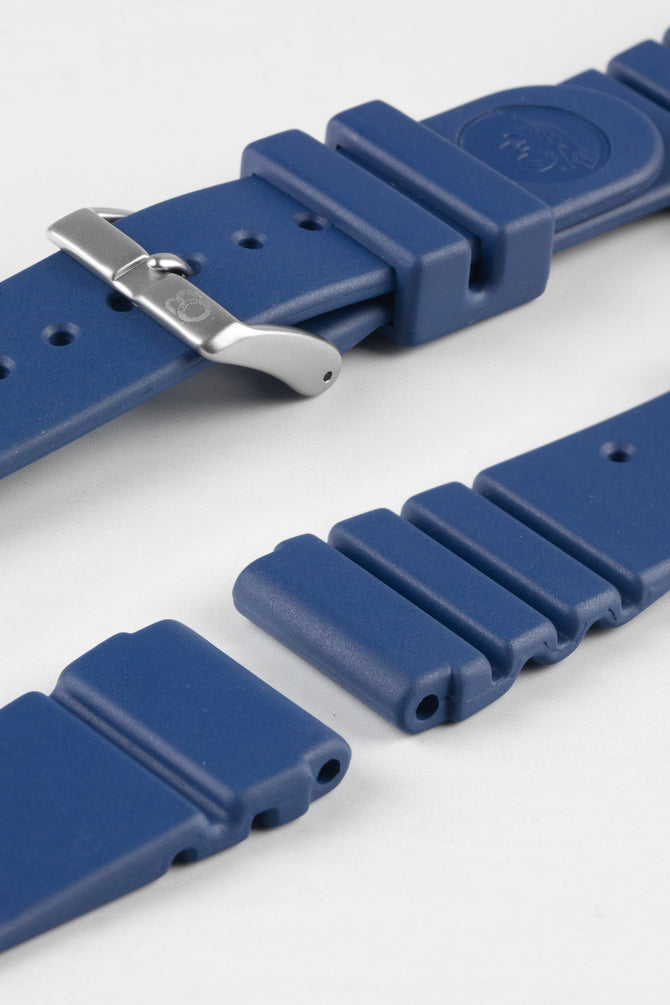 Blue Bonetto Centurini rubber strap with logo embossed tail and logo embossed brushed stainless steel buckle