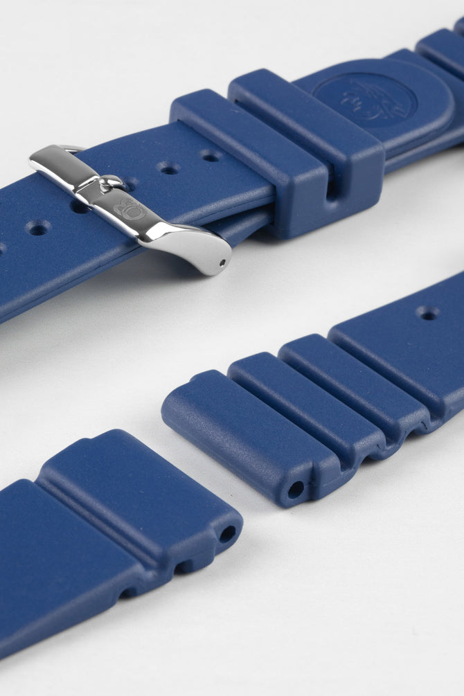 Blue Bonetto Centurini rubber strap with logo embossed tail and logo embossed polished stainless steel buckle