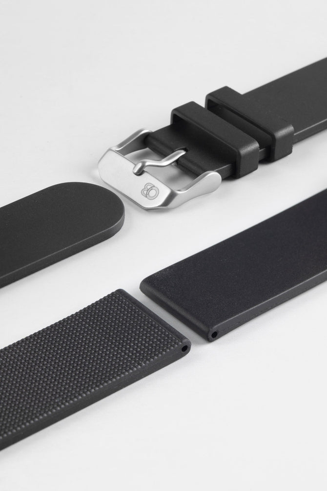 Black Bonetto Cinturini 270 Self Punch Rubber Watch Strap Lug and Buckle end with logo embossed brushed buckle