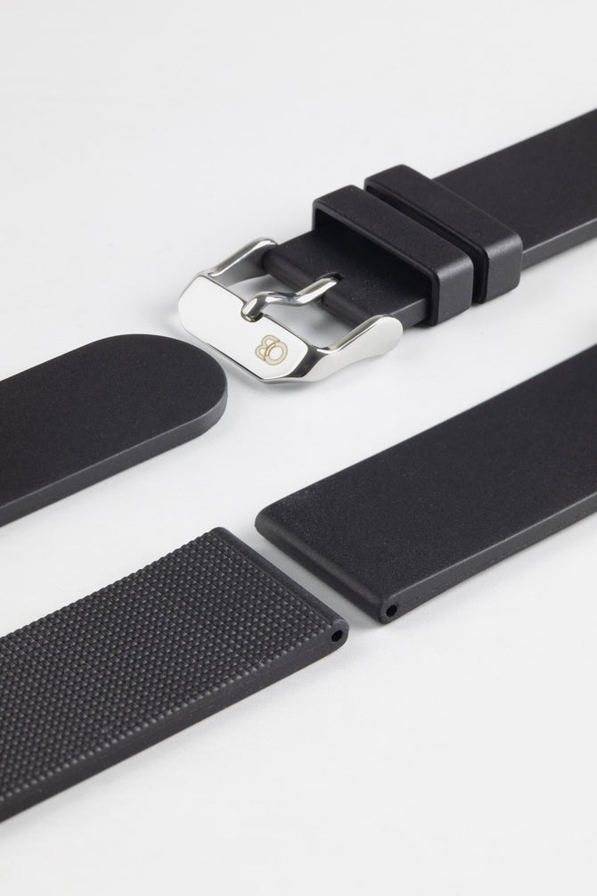 Black Bonetto Cinturini 270 Self Punch Rubber Watch Strap Lug and Buckle end with logo embossed polished buckle