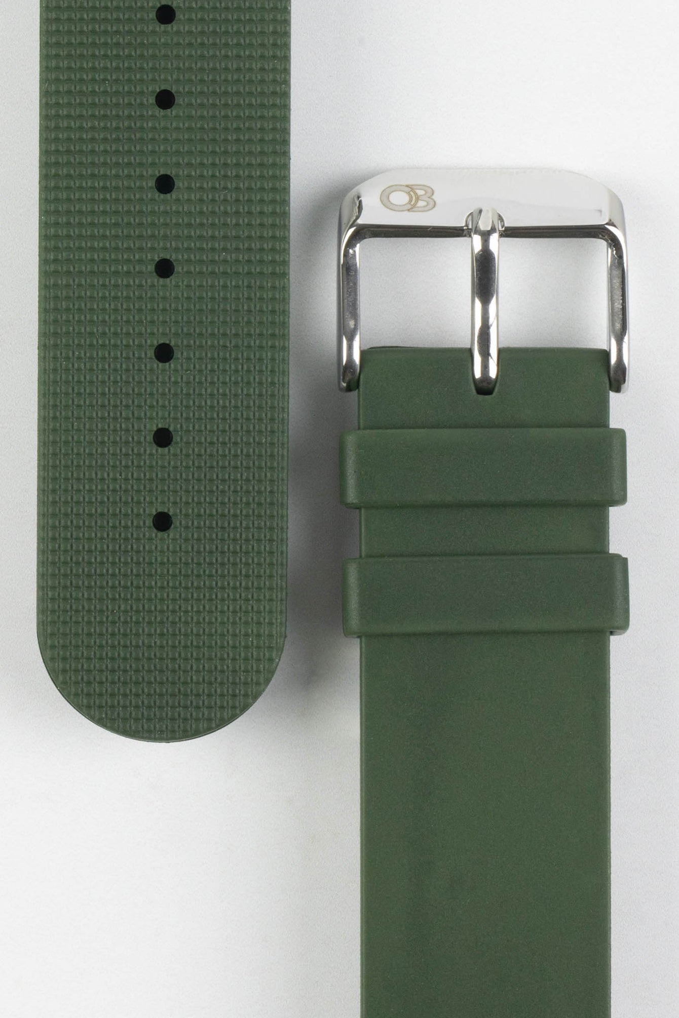 Dark Green Bonetto Cinturini 270 embossed logo polished buckle and pre marked puncture holes on underlayer