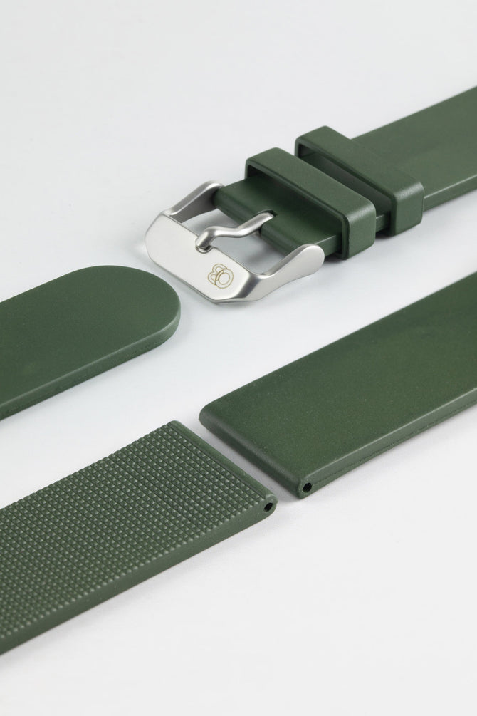 Upper and lower of Bonetto Cinturini 270 Self Punch Rubber Watch Strap in Dark green with embossed brushed steel buckle