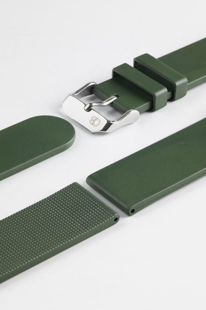 Upper and lower of Bonetto Cinturini 270 Self Punch Rubber Watch Strap in Dark Green with embossed polished steel buckle