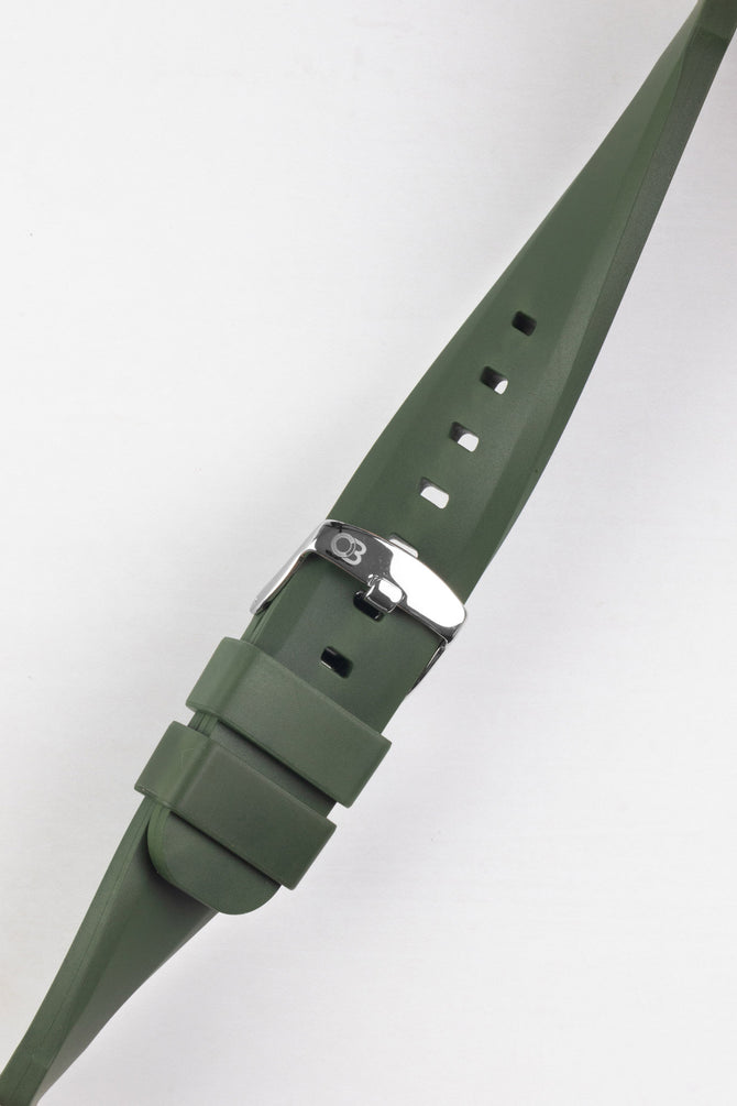 Dark Green Bonetto Centurini 317 rubber watch starp buckled and twisted to show flexibility