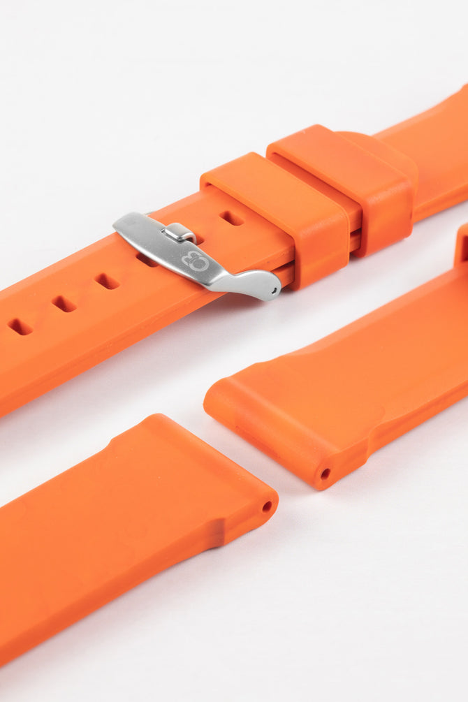 Lug and buckle end of bonetto cinturini 317 in orange with brushed embossed stainless steel buckle