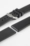 Lug and buckle end of black bonetto cinturini 319 rubber watch strap with brushed stainless steel logo embossed buckle