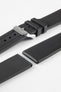 Lug and buckle end of black bonetto cinturini 319 rubber watch strap with polished stainless steel logo embossed buckle