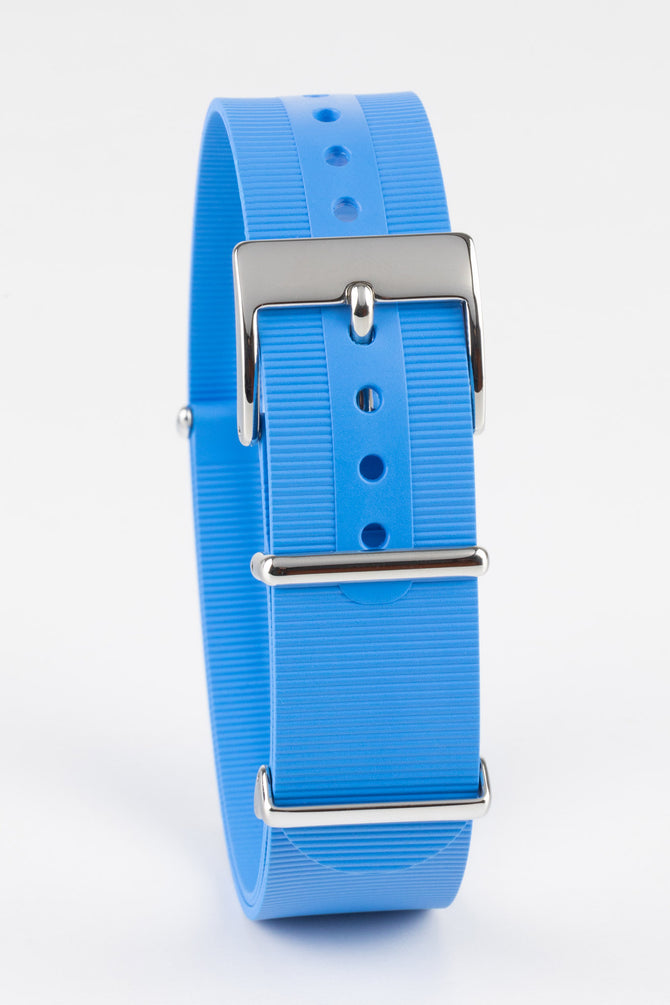 Bonetto Cinturini 328 rubber one piece strap in azure light blue buckled and curved