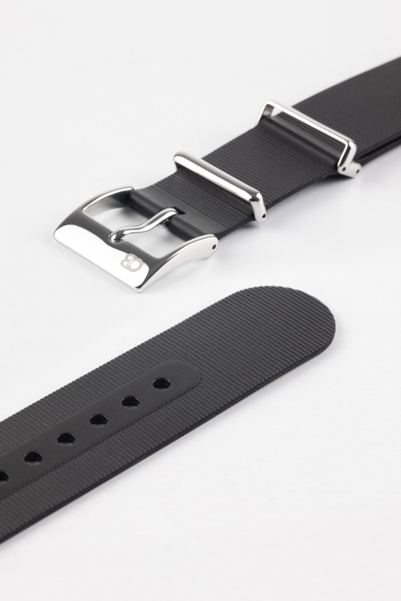 Buckle and adjustment holes of bonetto cinturini 328 in black with polished stainless steel buckle