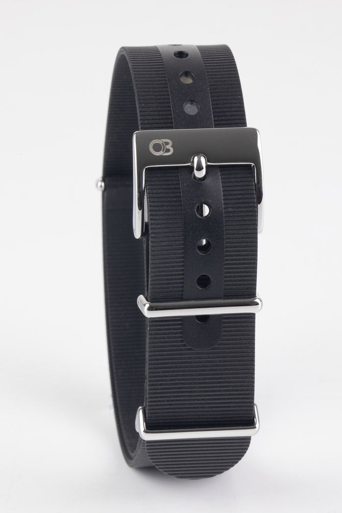 Bonetto Cinturini 328 Premium Rubber One-Piece Watch Strap in BLACK buckled and curved