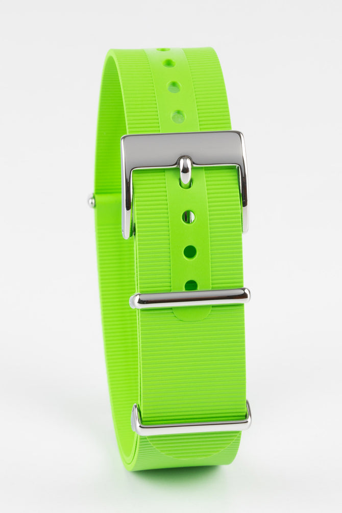 Bonetto Centurini 328 rubber one piece watch strap in lime green curved and buckled with polished silver buckle