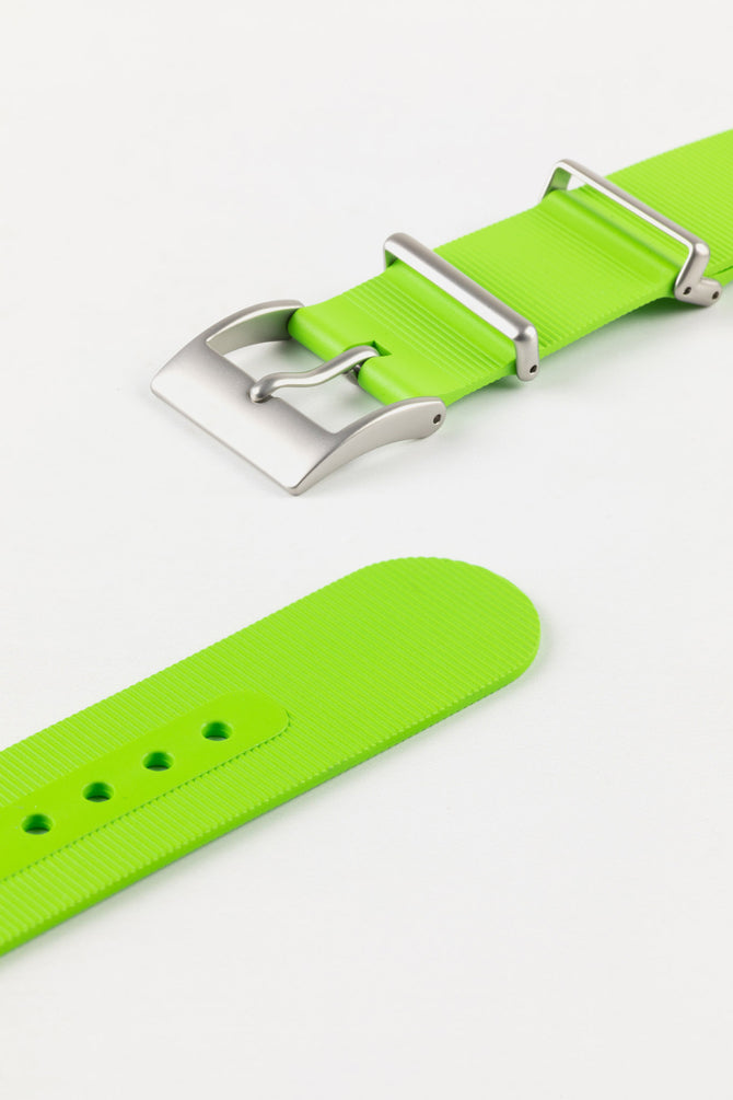 Buckle and tail end of lime green bonetto centurini 328 strap with brushed stainless steel buckle