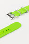 Buckle and tail end of lime green bonetto centurini 328 strap with polished silver buckle