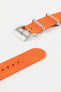Buckle and adjustment holes of bonetto centurini 328 one piece rubber orange watch strap with brushed stainless steel buckle