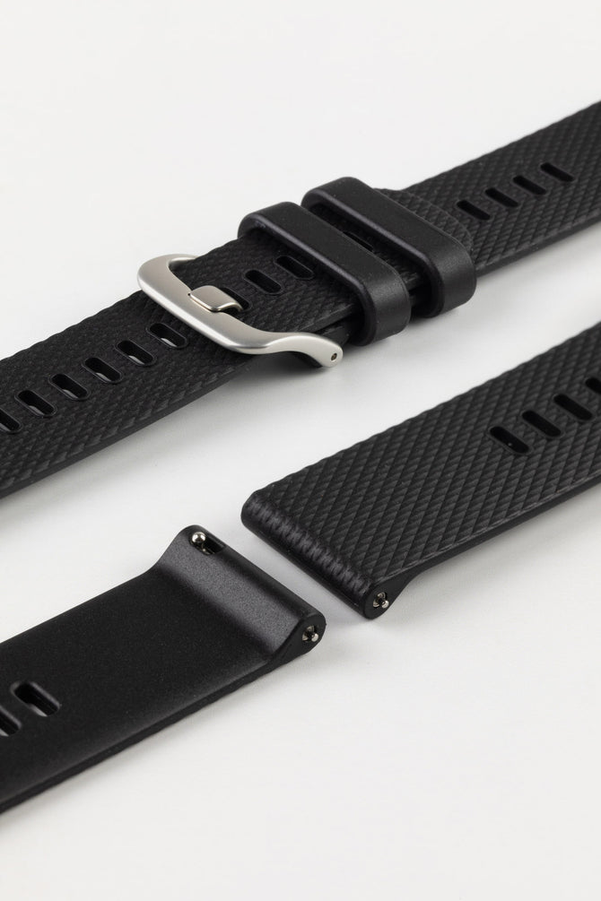 Lug and buckle end of Black Bonetto Cinturini 330 rubber watch strap with quick release spring bars and brushed stainless steel buckle