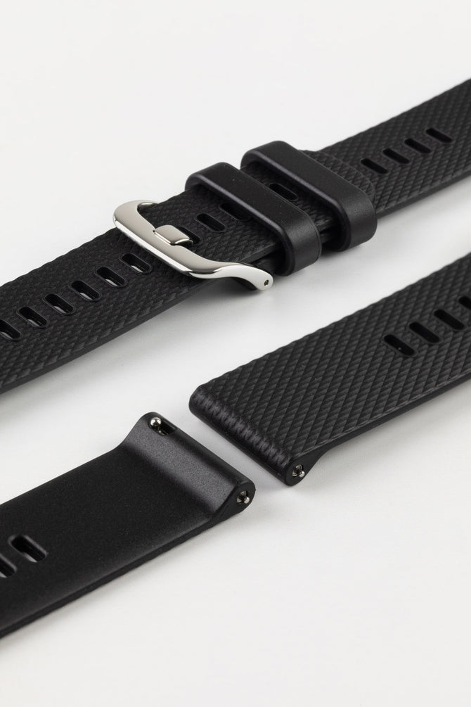 Lug and buckle end of Black Bonetto Cinturini 330 rubber watch strap with quick release spring bars and polished stainless steel buckle
