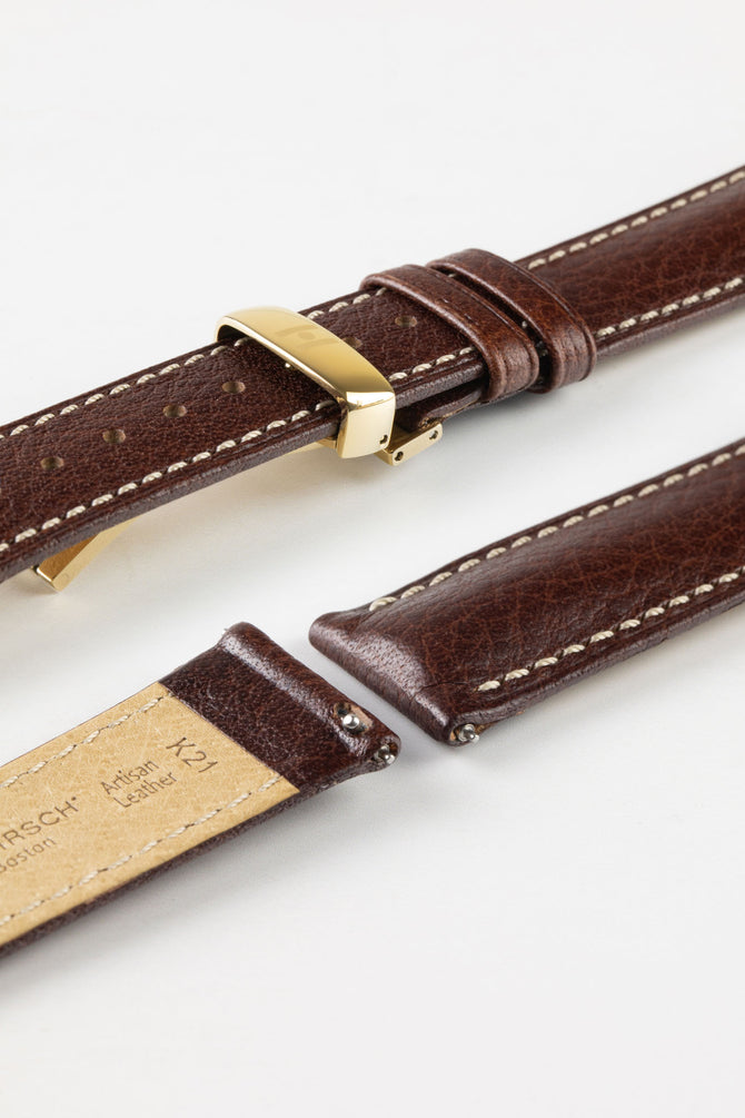 Hirsch BOSTON Buffalo Quick-Release Calfskin Leather Watch Strap in BROWN