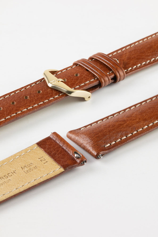 Hirsch BOSTON Buffalo Calfskin Leather Watch Strap in GOLD BROWN