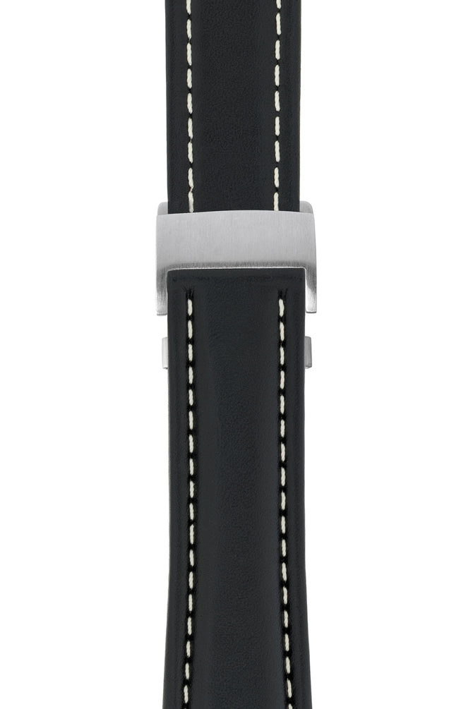 Breitling-Style Calfskin Deployment Watch Strap in Black (with Brushed Silver Deployment Clasp)
