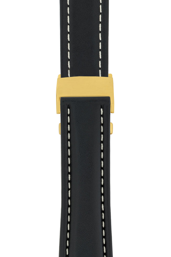 Breitling-Style Calfskin Deployment Watch Strap in Black (with Polished Gold Deployment Clasp)