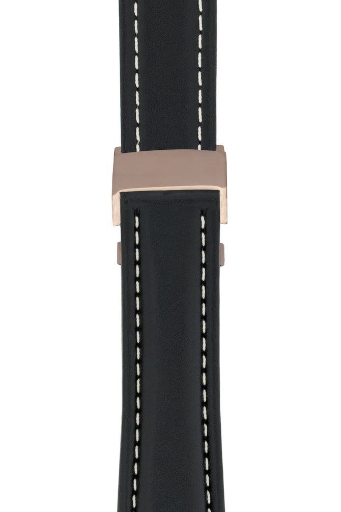 Breitling-Style Calfskin Deployment Watch Strap in Black (with Polished Rose Gold Deployment Clasp)