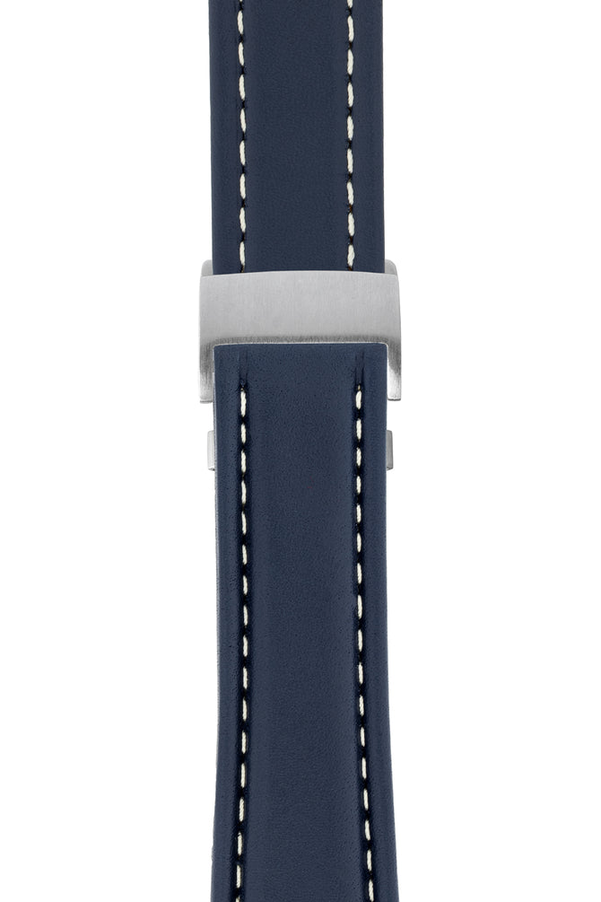 Breitling-Style Calfskin Deployment Watch Strap in Blue (with Brushed Silver Deployment Clasp)