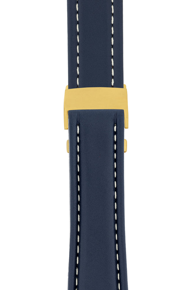 Breitling-Style Calfskin Deployment Watch Strap in Blue (with Polished Gold Deployment Clasp)