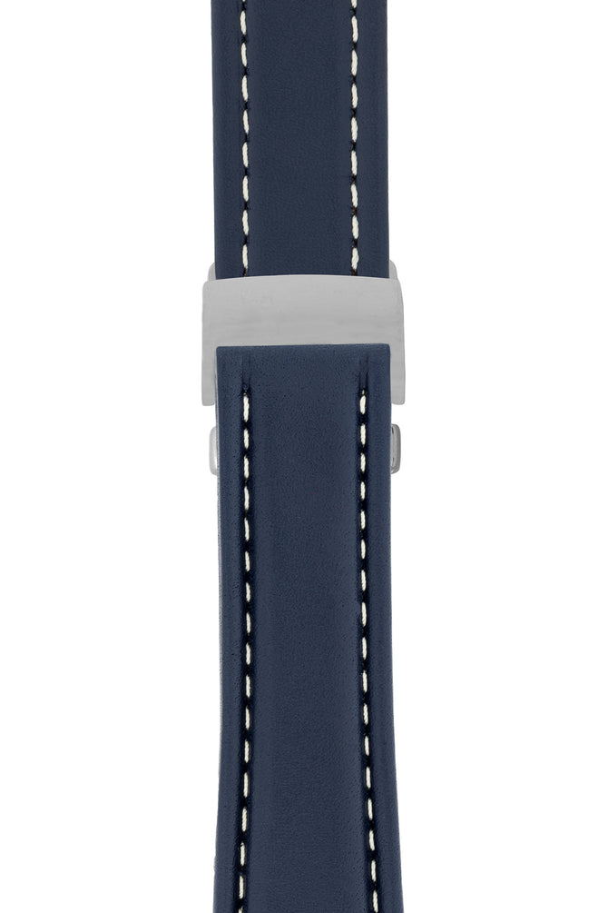 Breitling-Style Calfskin Deployment Watch Strap in Blue (with Polished Silver Deployment Clasp)