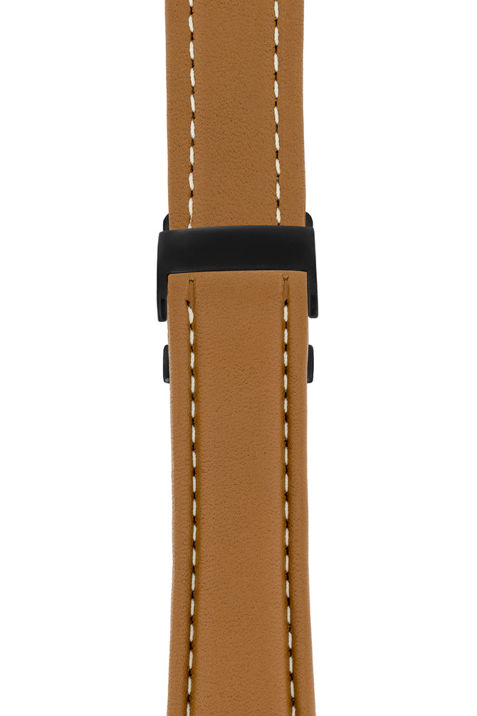 Breitling-Style Calfskin Deployment Watch Strap in Caramel Brown (with Black PVD-Coated Deployment Clasp)