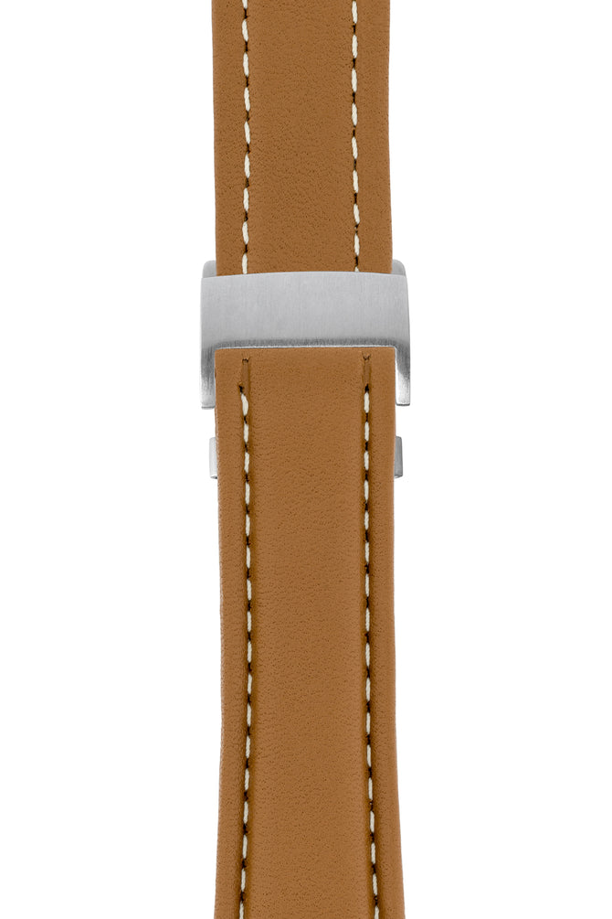 Breitling-Style Calfskin Deployment Watch Strap in Caramel Brown (with Brushed Silver Deployment Clasp)