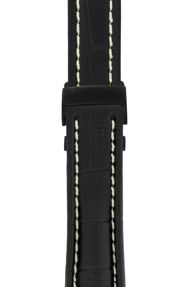 Breitling-Style Alligator-Embossed Deployment Watch Strap in Black (with Black PVD-Coated Deployment Clasp)