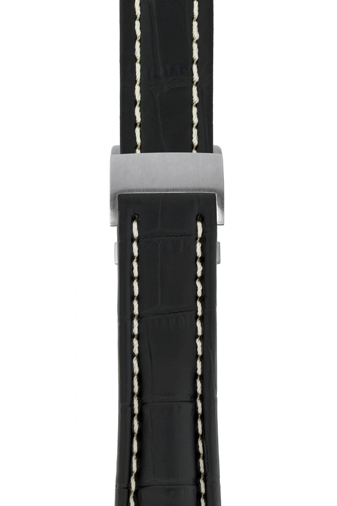 Breitling-Style Alligator-Embossed Deployment Watch Strap in Black (with Brushed Silver Deployment Clasp)