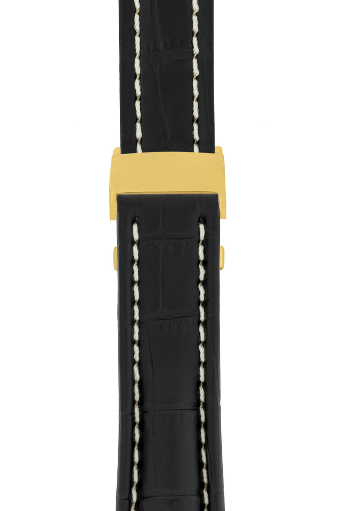 Breitling-Style Alligator-Embossed Deployment Watch Strap in Black (with Polished Gold Deployment Clasp)