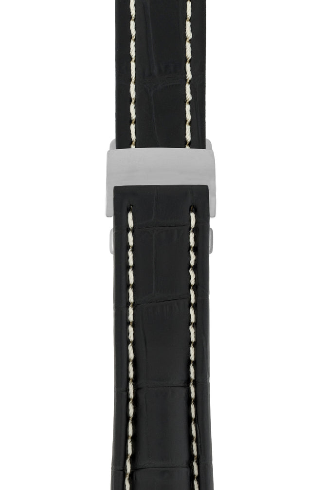 Breitling-Style Alligator-Embossed Deployment Watch Strap in Black (with Polished Silver Deployment Clasp)