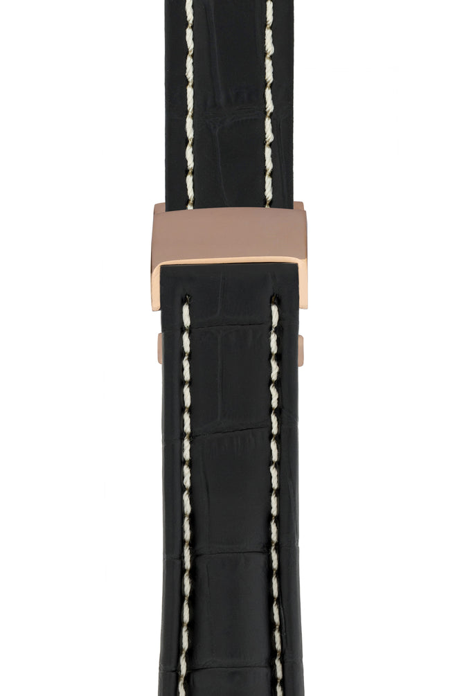 Breitling-Style Alligator-Embossed Deployment Watch Strap in Black (with Polished Rose Gold Deployment Clasp)