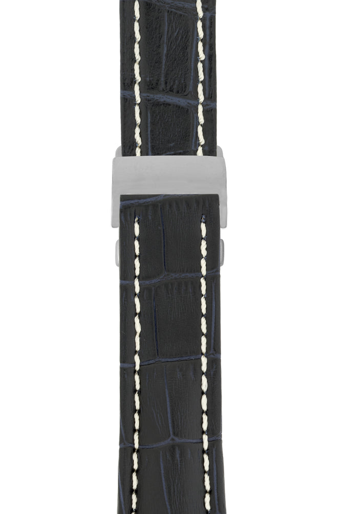Breitling-Style Alligator-Embossed Deployment Watch Strap in Blue (with Polished Silver Deployment Clasp)