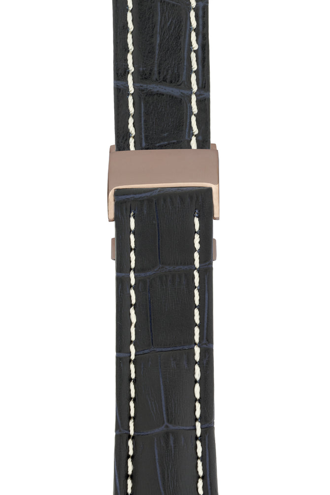 Breitling-Style Alligator-Embossed Deployment Watch Strap in Blue (with Polished Rose Gold Deployment Clasp)