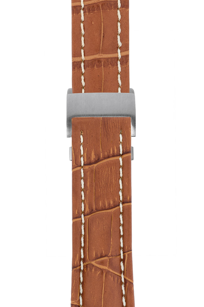 Breitling-Style Alligator-Embossed Deployment Watch Strap in Brown (with Brushed Silver Deployment Clasp)