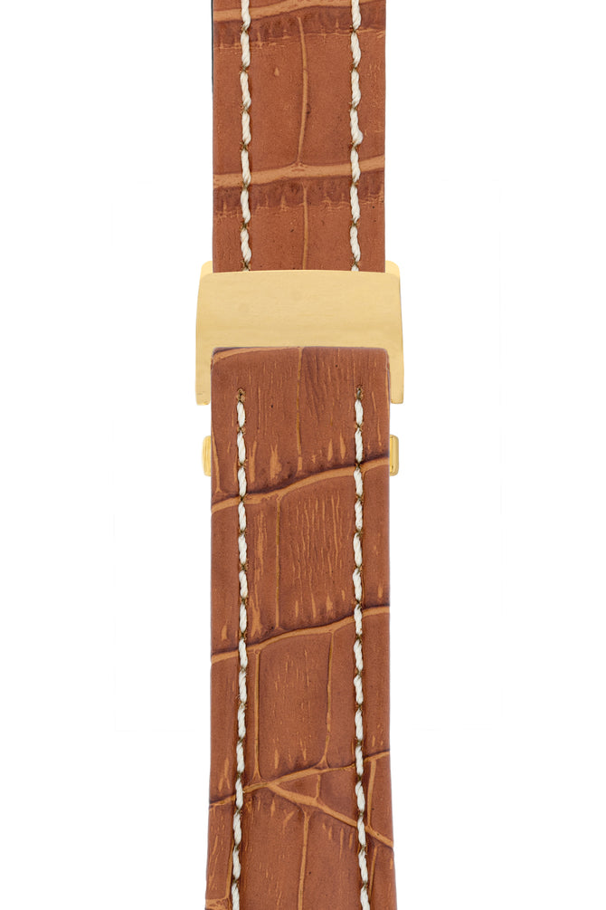 Breitling-Style Alligator-Embossed Deployment Watch Strap in Brown (with Polished Gold Deployment Clasp)