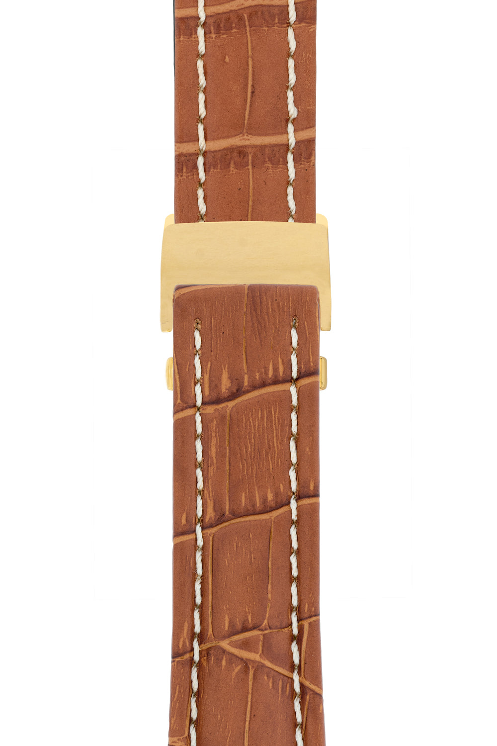 Breitling-Style Alligator-Embossed Deployment Watch Strap in Brown (with Polished Gold Deployment Clasp)