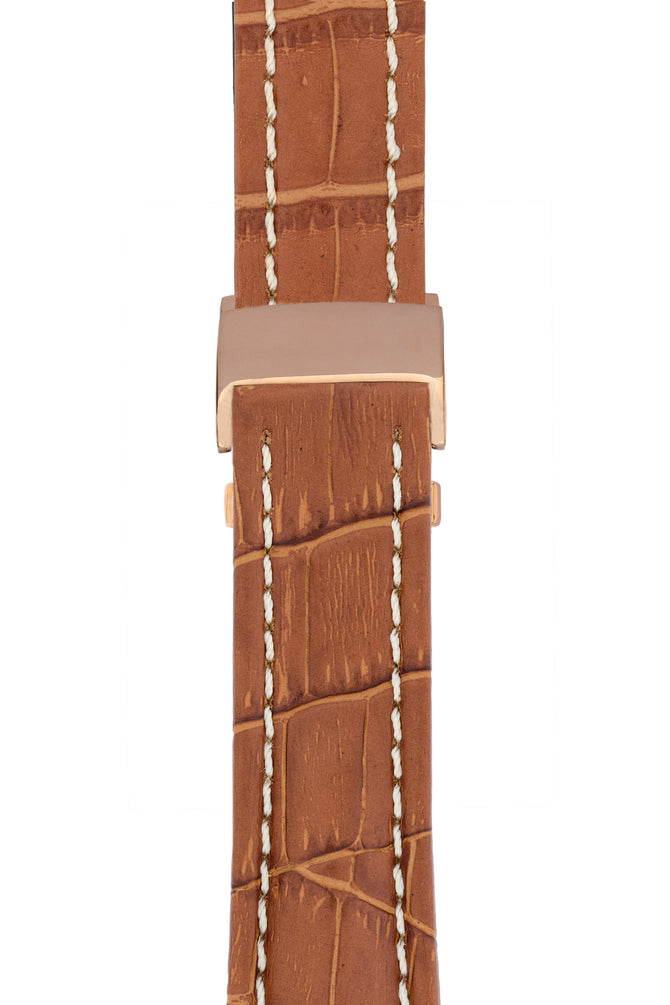 Breitling-Style Alligator-Embossed Deployment Watch Strap in Brown (with Polished Rose Gold Deployment Clasp)
