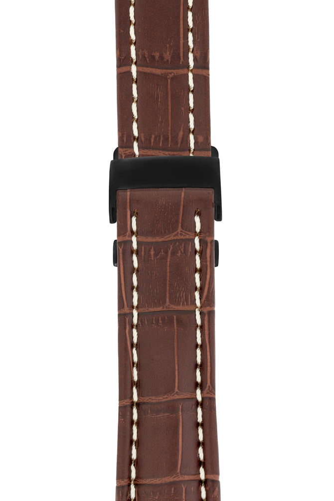 Breitling-Style Alligator-Embossed Deployment Watch Strap in Tabac Brown (with Black PVD-Coated Deployment Clasp)