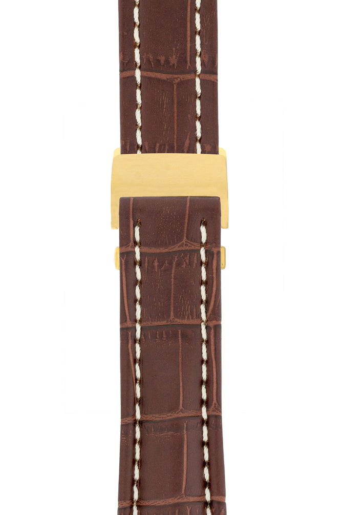 Breitling-Style Alligator-Embossed Deployment Watch Strap in Tabac Brown (with Polished Gold Deployment Clasp)