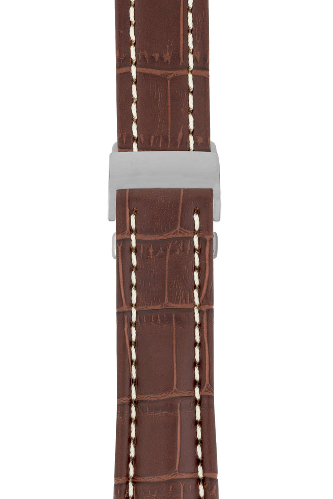 Breitling-Style Alligator-Embossed Deployment Watch Strap in Tabac Brown (with Polished Silver Deployment Clasp)