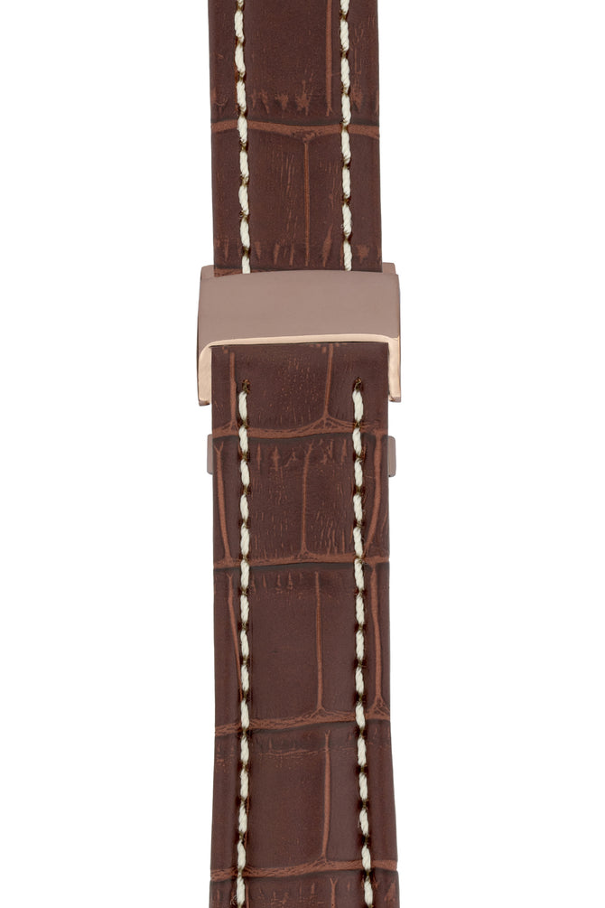 Breitling-Style Alligator-Embossed Deployment Watch Strap in Tabac Brown (with Polished Rose Gold Deployment Clasp)